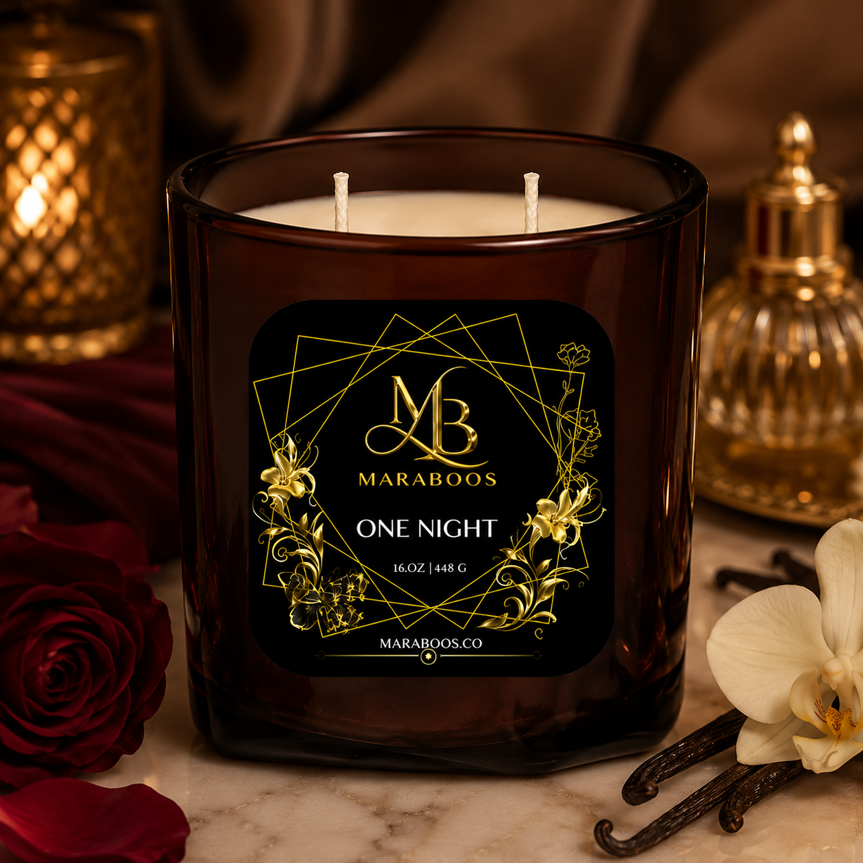 Maraboos One Night Luxury Candle – Product ListingMaraboos One Night Candle | Luxury Romantic Scented Candle | Coconut Soy Wax | Elegant Two Wick Candle | Premium Home Fragrance Gift